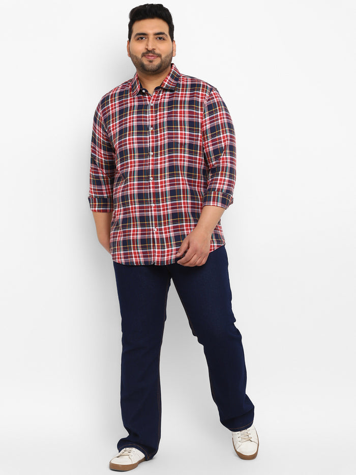 Plus Men's Red Cotton Full Sleeve Regular Fit Casual Checkered Shirt