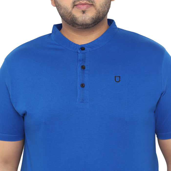 Plus Men's Royal Blue Solid Mandarin Collar Regular Fit Cotton T-Shirt