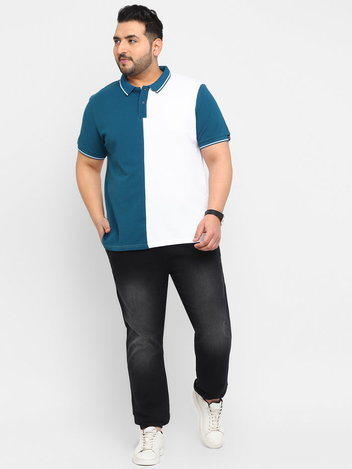 Plus Men's White, Blue Colour-Block Regular Fit Half Sleeve Cotton Polo T-Shirt