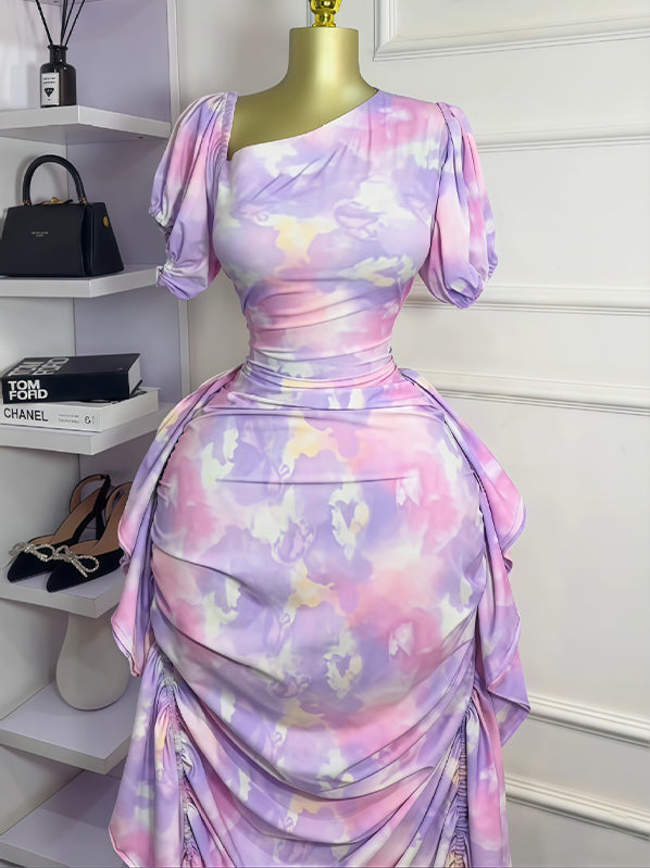 Printed Ruched Ruffle Dress