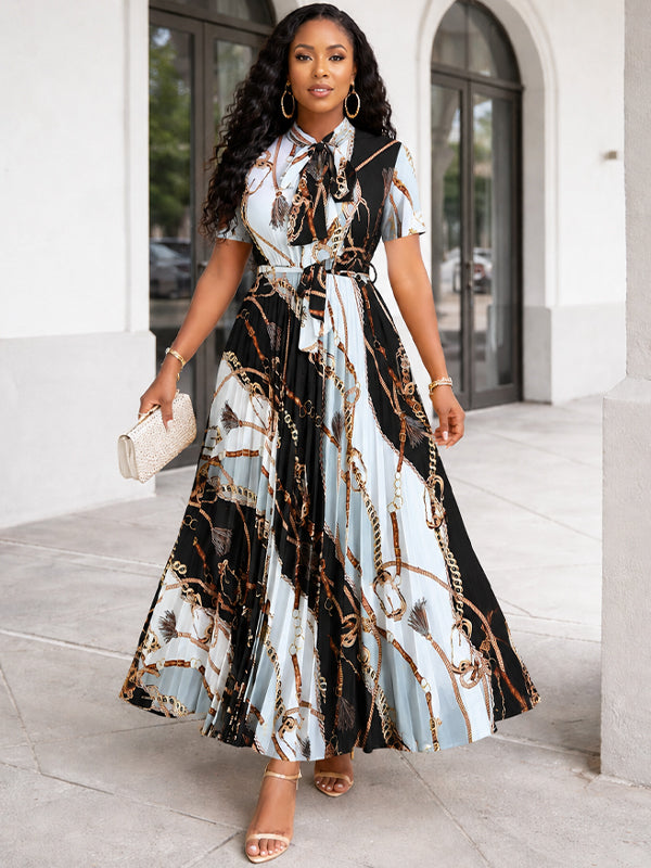 Printed Tied-Neck Pleated Dress