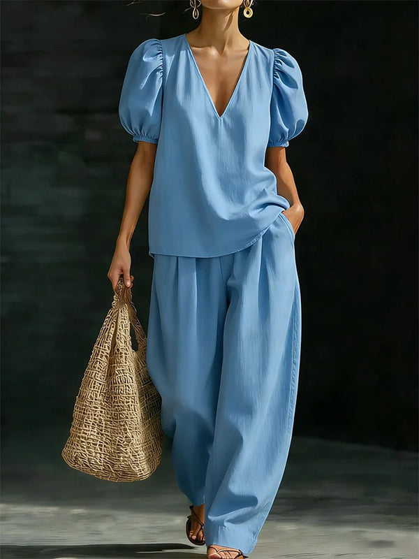 Puff-Sleeve V-Neck Top & Pants Set