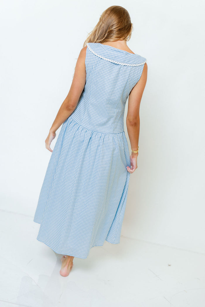 Reagyn Drop Waist Lace Trim Gingham Midi Dress in Blue *Final Sale*
