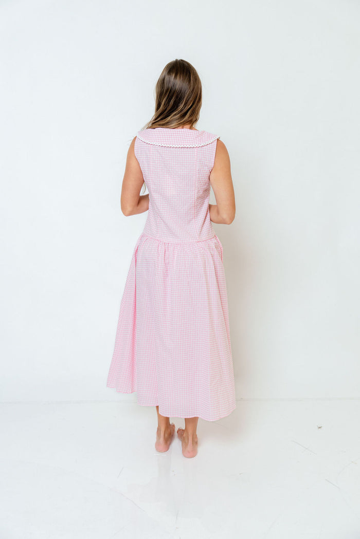 Reagyn Drop Waist Lace Trim Gingham Midi Dress in Pink *Final Sale*