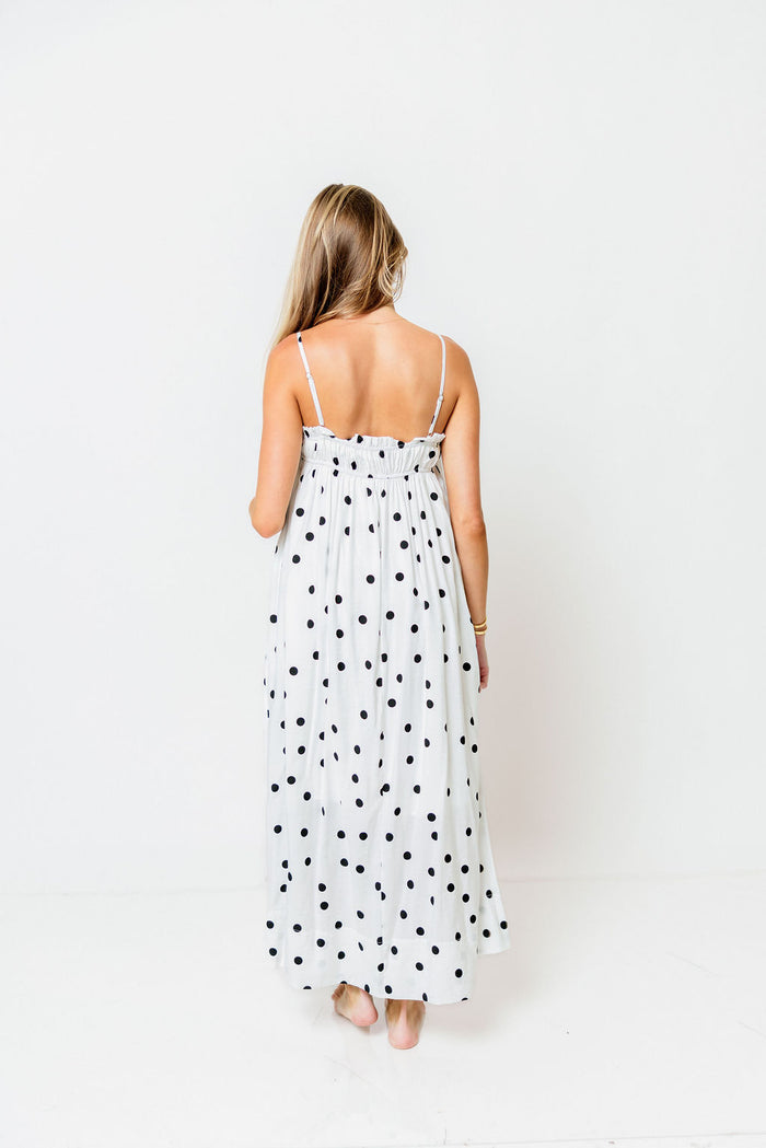 Riviera Promenade Polka Dot Midi Dress in Off White