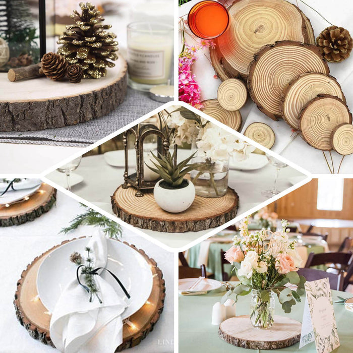 Decorative wood slices for rustic table settings and floral arrangements.