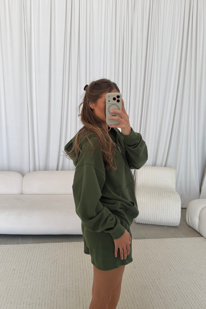 Serena 100% Cotton Terry Zip Up Hoodie in Olive Green