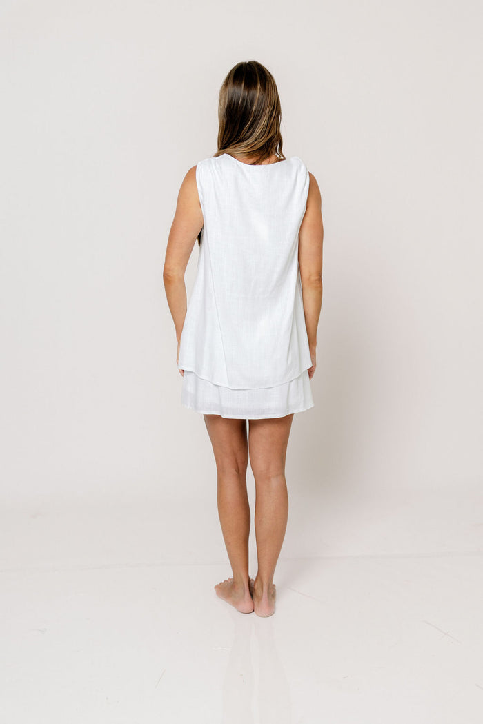 Serenity Linen Layered Twisted Shoulder Detail Mini Dress in White