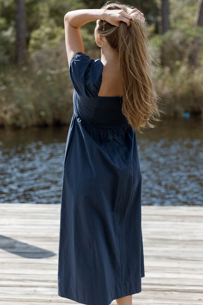 Sheila Puff Sleeve Midi Dress in Navy