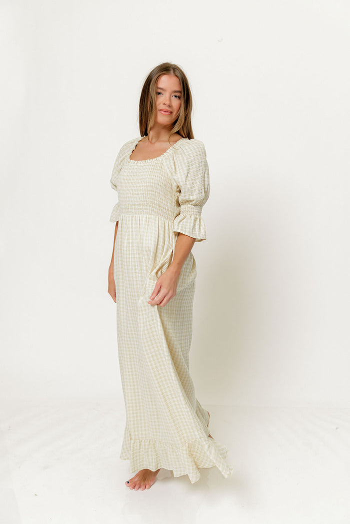 Sienna 100% Cotton Puff Sleeve Maxi Dress in Custard Plaid (Lined) - Bump Friendly