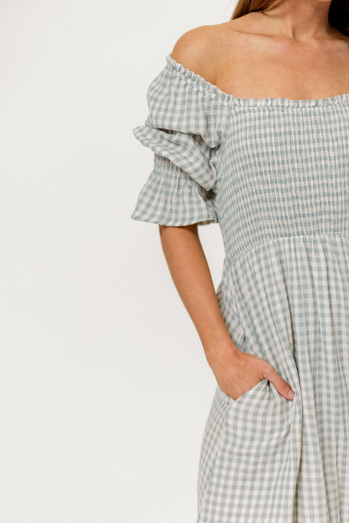 Sienna 100% Cotton Puff Sleeve Maxi Dress in Light Indigo Plaid (Lined) - Bump Friendly