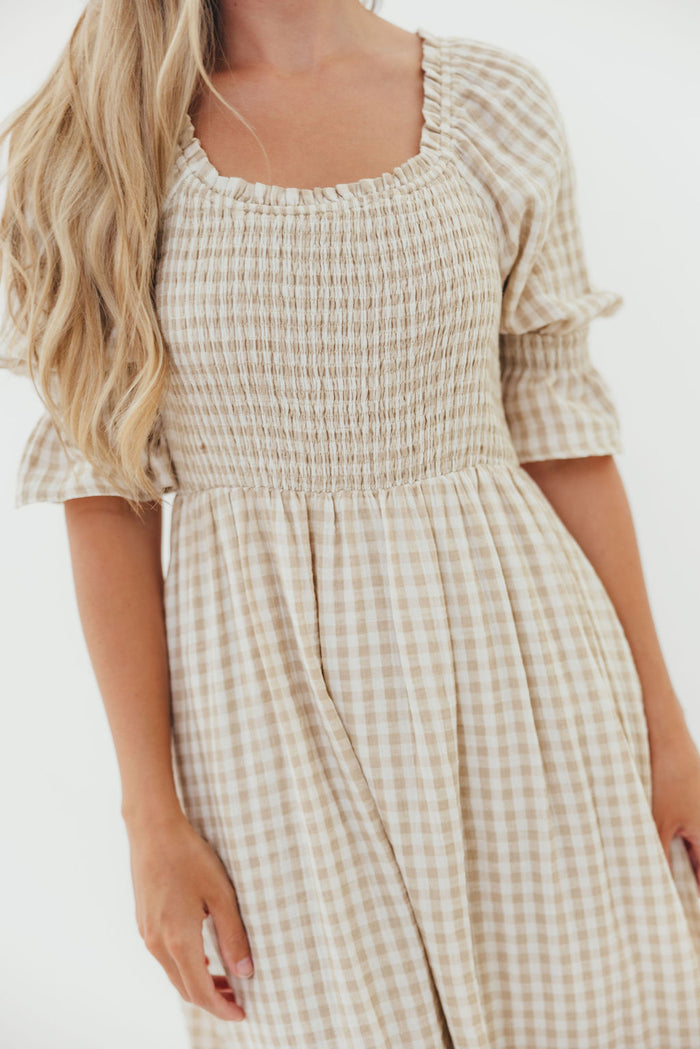Sienna 100% Cotton Puff Sleeve Maxi Dress in Natural Plaid - Bump Friendly *8/28 PRE-ORDER*