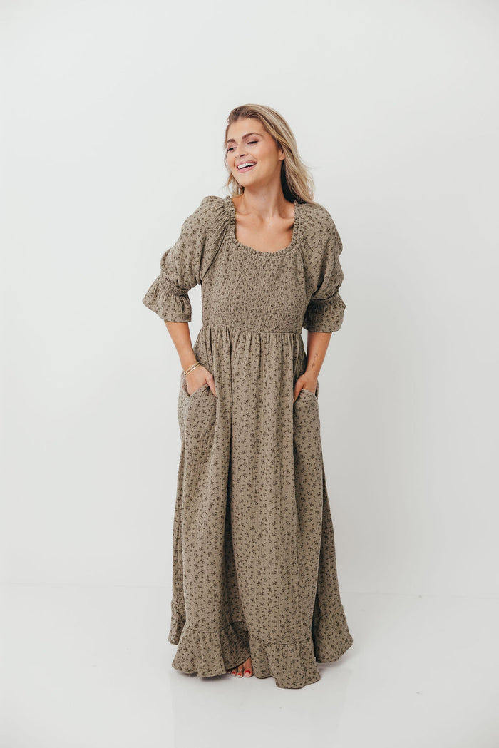 Sienna 100% Cotton Puff Sleeve Maxi Dress in Olive Foliage - Bump Friendly *8/28 PRE-ORDER*