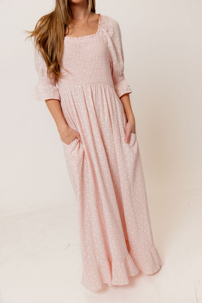 Sienna 100% Cotton Puff Sleeve Maxi Dress in Pale Pink Foliage - Bump Friendly