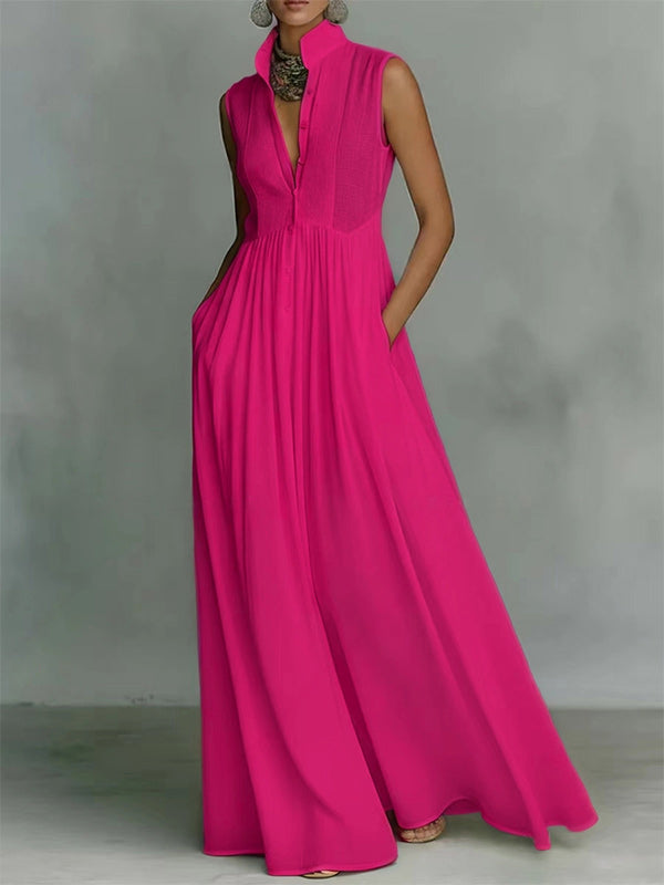 Solid Button-Front Sleeveless Dress