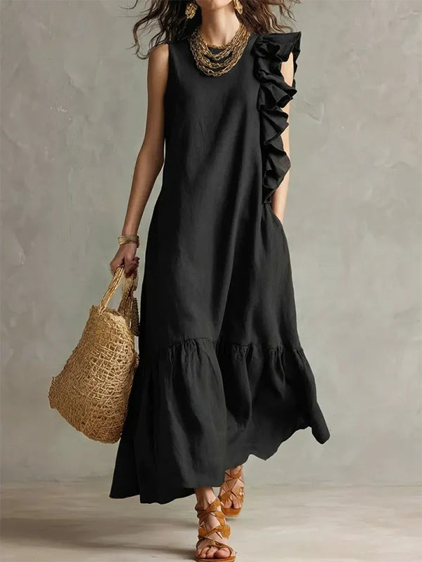 Solid Ruffle Sleeveless Dress