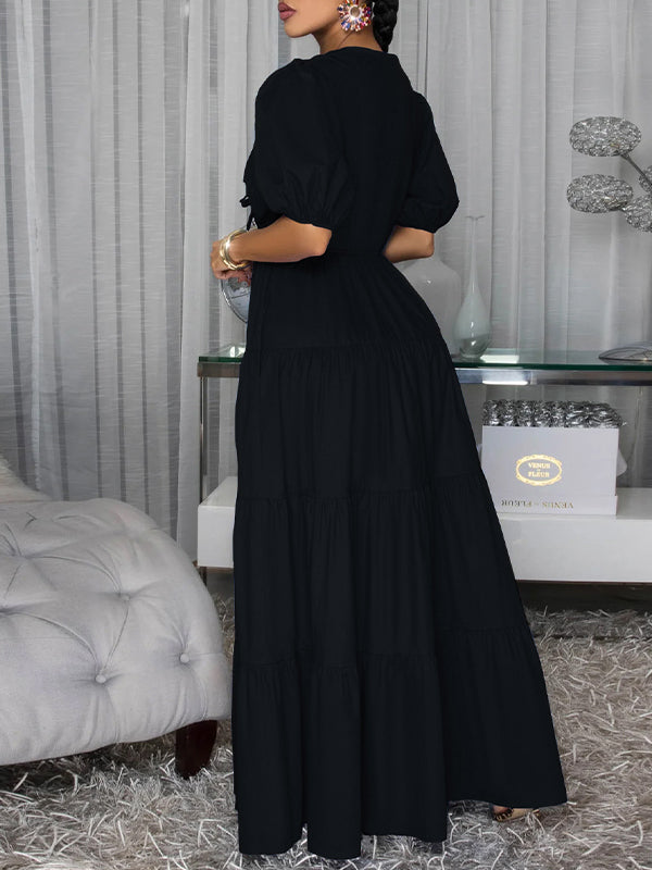 Solid V-Neck Ruffle Dress