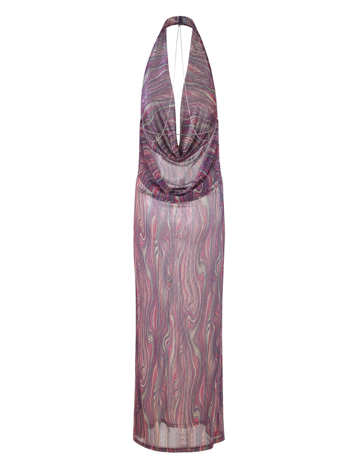 The SONORA DRESS - MULTI: ROSE STRIPE by TIGERMIST is a sleeveless, halter-neck dress with a deep plunging neckline. It showcases a multicolored, swirled pattern in shades of pink, purple, and gray. This sheer and form-fitting creation extends to about ankle length.