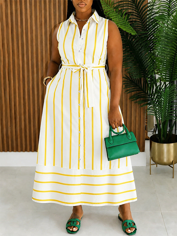Stripe Tied Sleeveless Shirt Dress