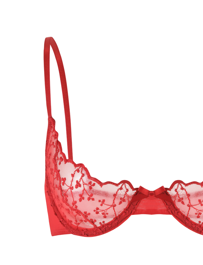 The TALIYAH SET - RED by TIGERMIST includes a red bra and g-string with underwire support, sheer floral-embroidered mesh, and adjustable straps, shown against a plain background.