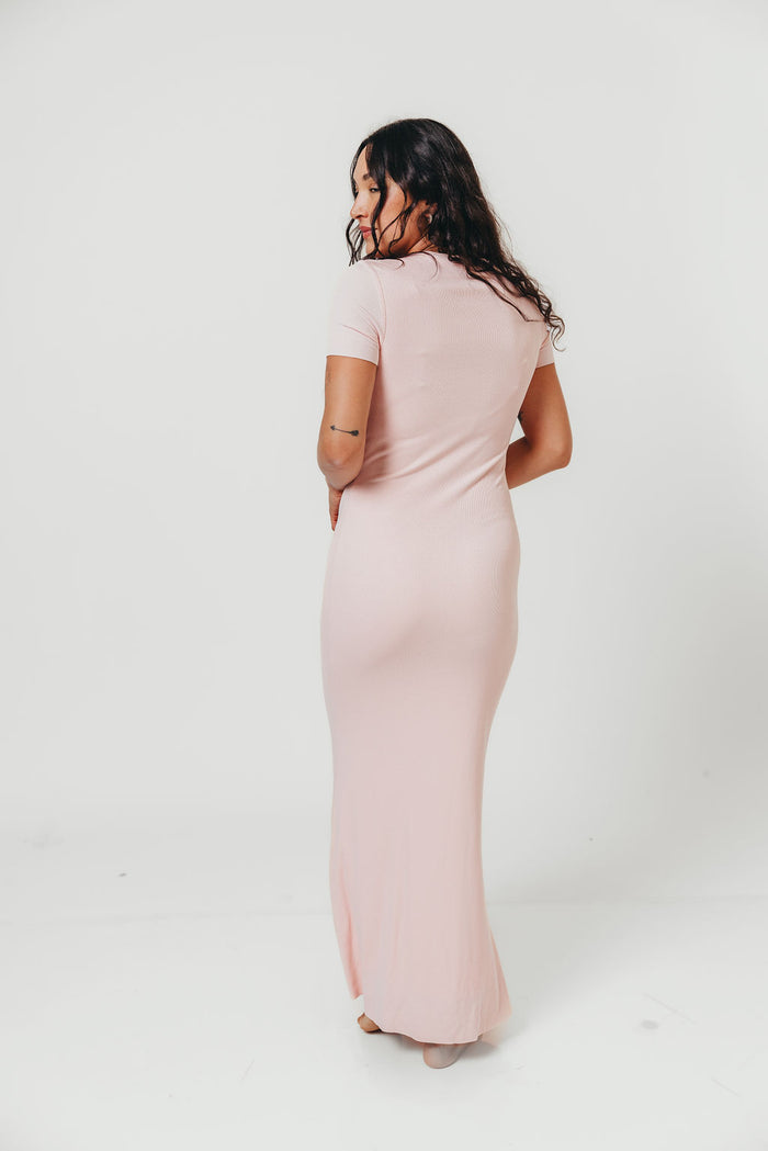 The Charlie Ribbed Maxi Dress in Baby Pink - Bump Friendly