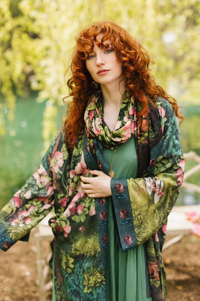 Model wearing a bamboo-viscose scarf ft. hand-coloured etching from the 1880s called The Bower of Roses - Market of Stars