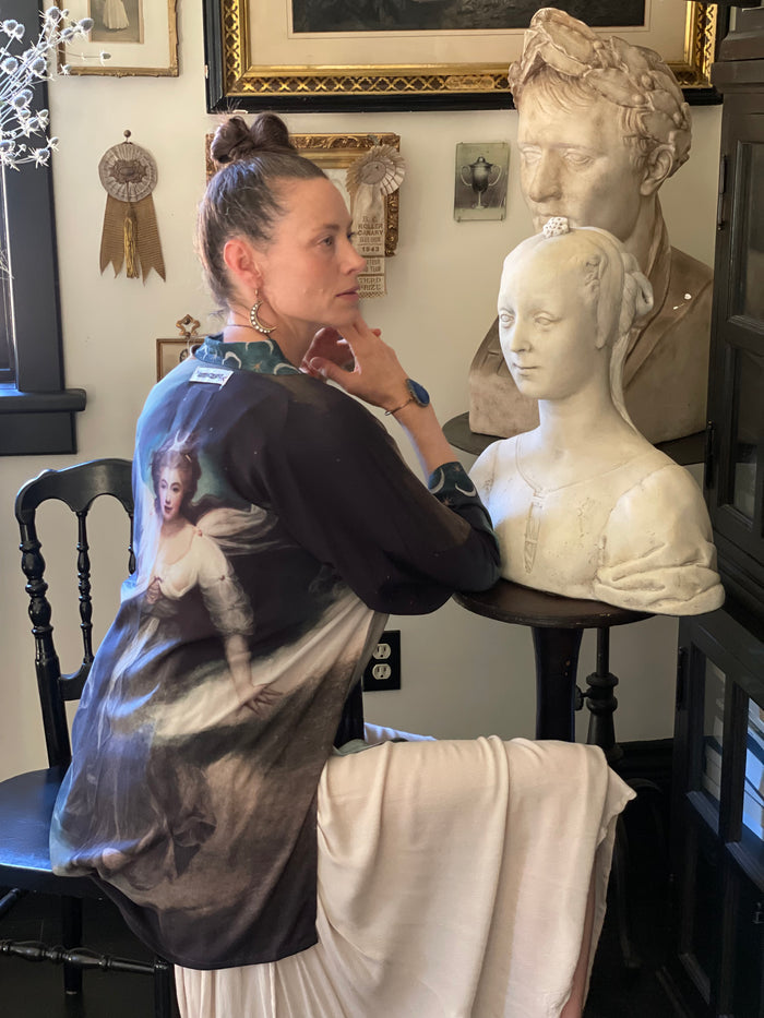 The Dreamer kimono jacket featuring a celestial Moon Goddess portrait with swirling sky detail and starry trim – Market of Stars