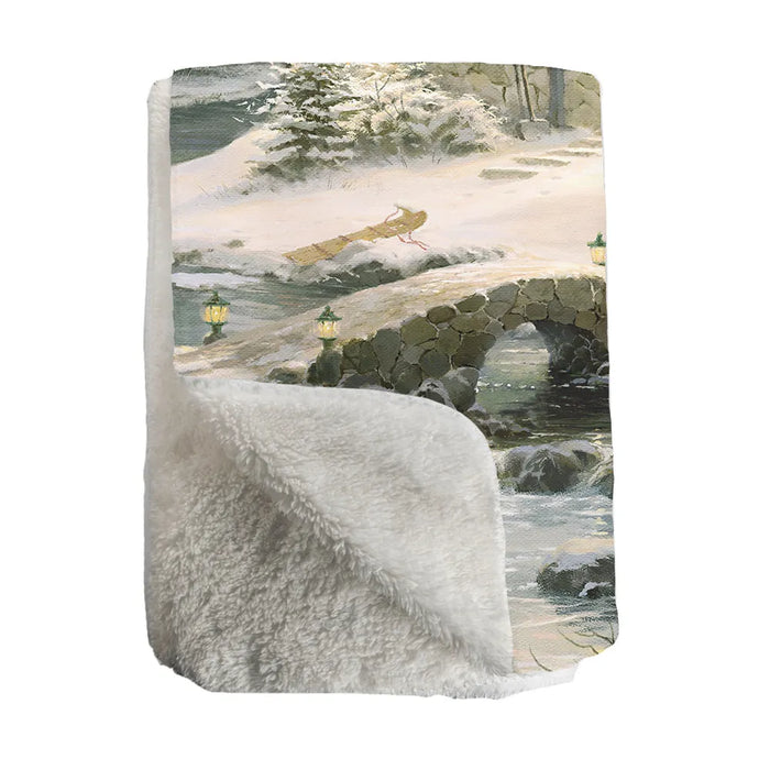 Thomas Kinkade Winter Light Cottage Sherpa Throw Blanket
