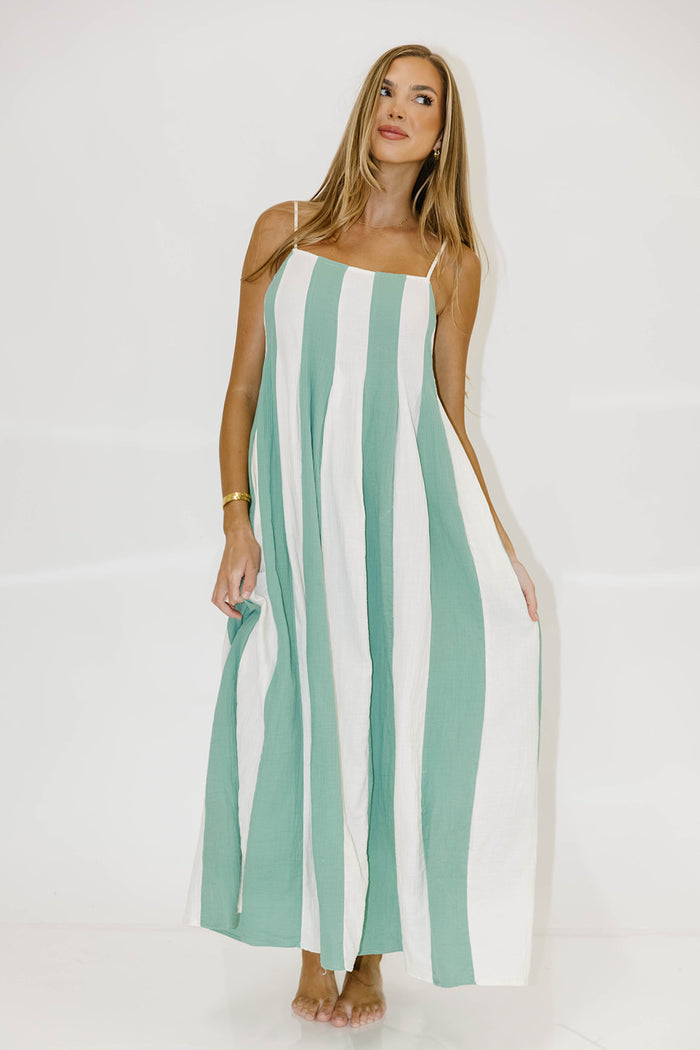 Tristan 100% Cotton Spaghetti Strap Maxi Dress in Cream/Green