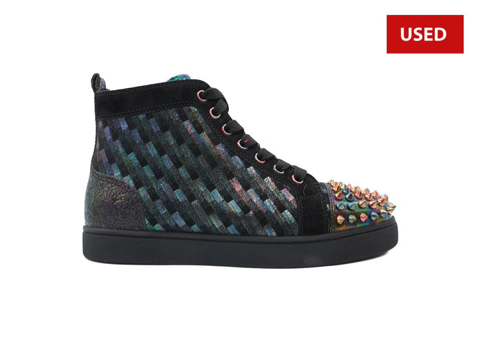 (USED) Christian Louboutin Women's Lou Spikes Flat High-Top Sneakers Fabric and Leather - Sz 5