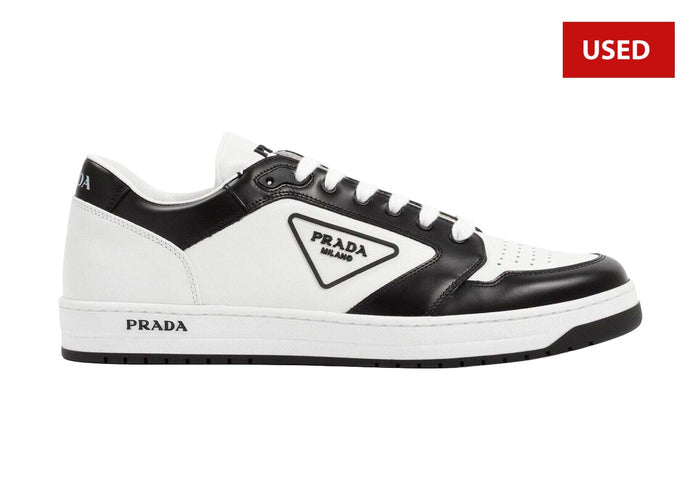 (USED) Prada District Leather White Black Triangle Logo Flat Low Top Sneaker - Sz 10