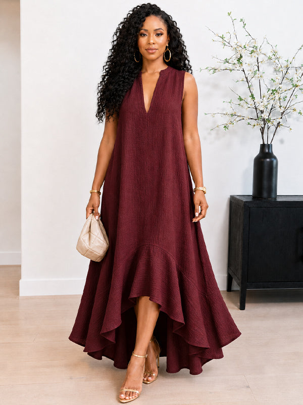 V-Neck Asymmetric-Hem Sleeveless Dress