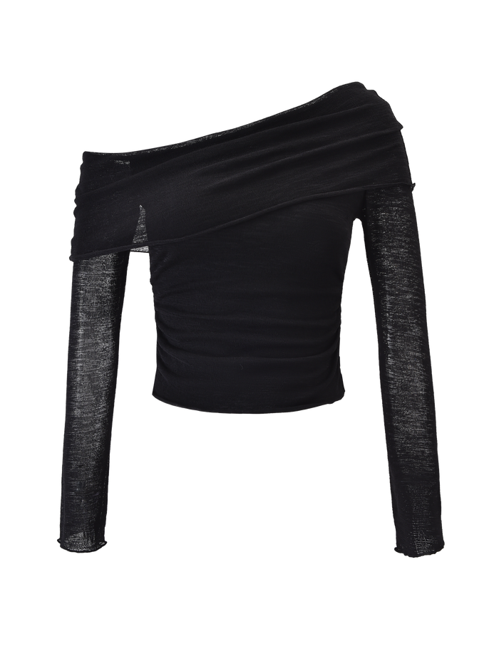 The TIGERMIST VERA TOP - BLACK features a long sleeve off-shoulder design with sheer sleeves and a fitted bodice, shown on a plain background.