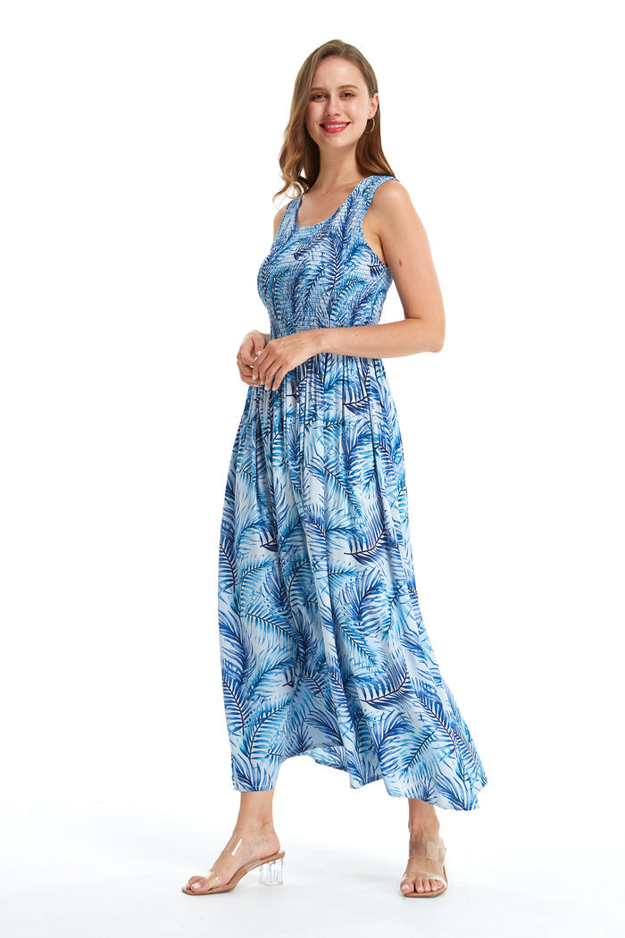 Women's Maxi Tank Elastic Luau Dress Simply Blue Leaf