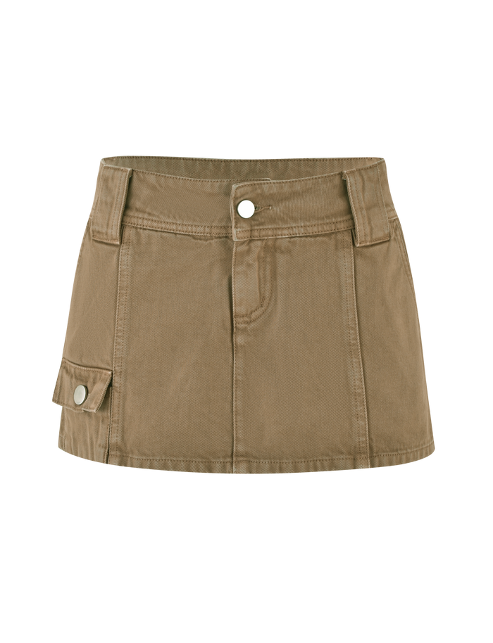 TIGERMIST ZELIE MINI SKORT in washed tan features front button and zipper closure, seam details, belt loops, and side flap pockets, shown against a white background.