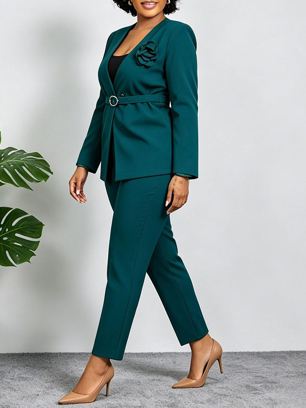 3D Floral Belted Blazer & Pants Set