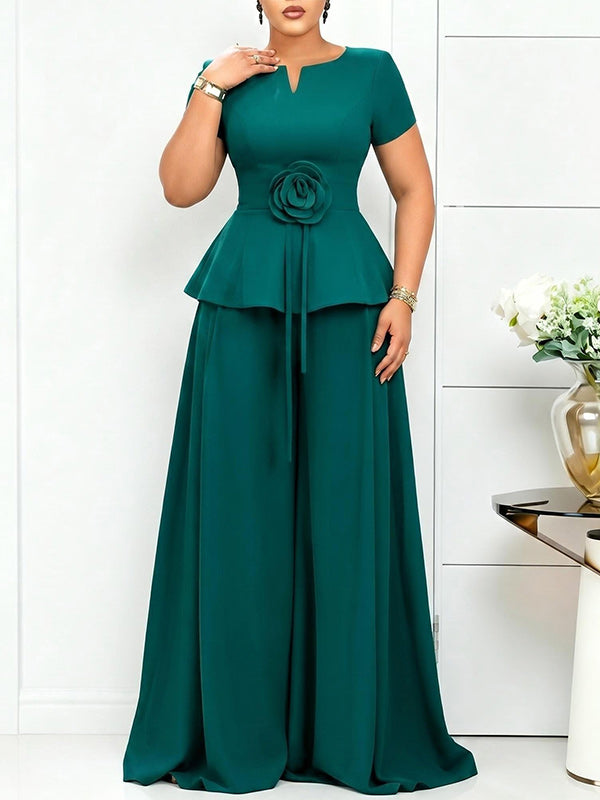 3D Floral Top & Wide-Leg Pants Set