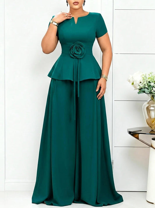 3D Floral Top & Wide-Leg Pants Set