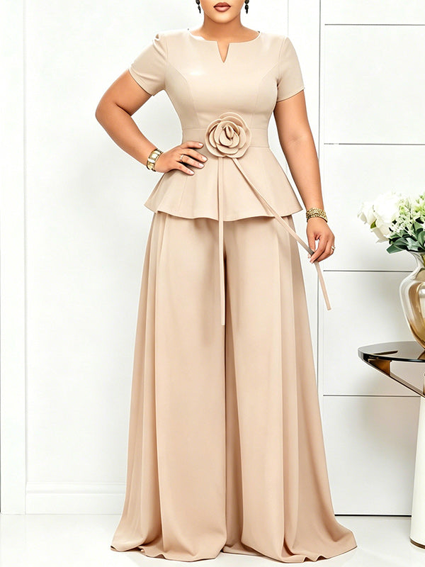 3D Floral Top & Wide-Leg Pants Set