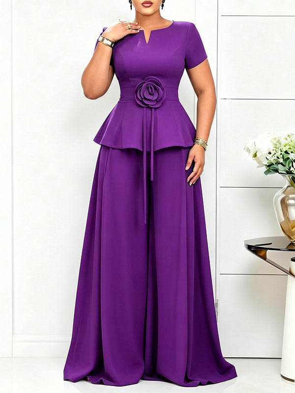 3D Floral Top & Wide-Leg Pants Set