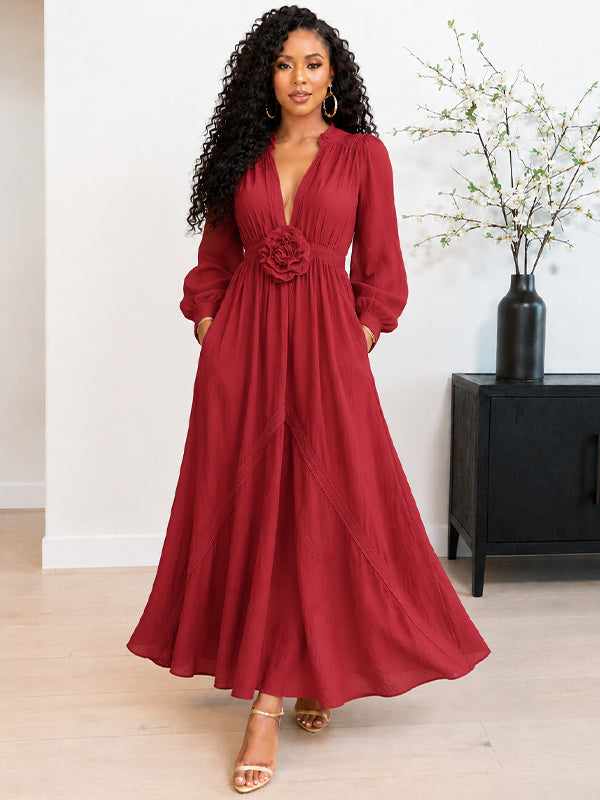 3D Floral V-Neck Maxi Dress