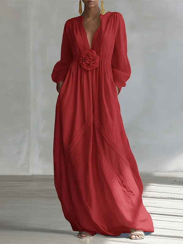 3D Floral V-Neck Maxi Dress