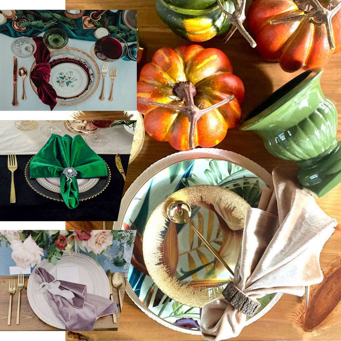 Elegant table setting with decorative napkin folds and colorful pumpkins.