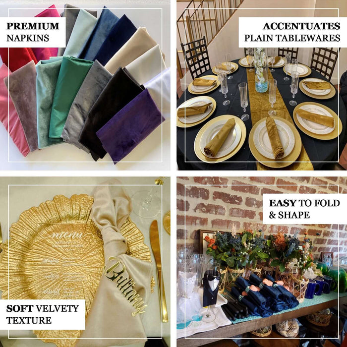 Premium velvet napkins in assorted colors for elegant table settings.