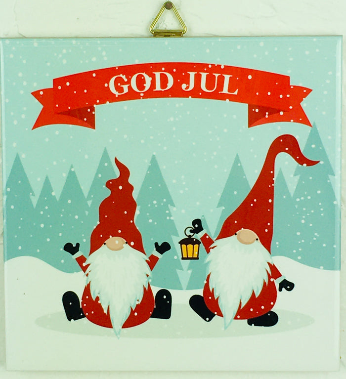 6" Ceramic Tile, Two Gnomes God Jul Banner