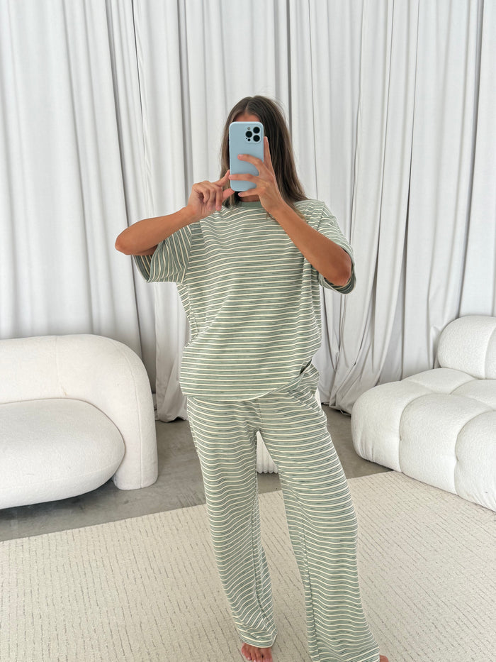 Naomi Striped Fleece Oversized Short Sleeve Top in Sage - Bump Friendly