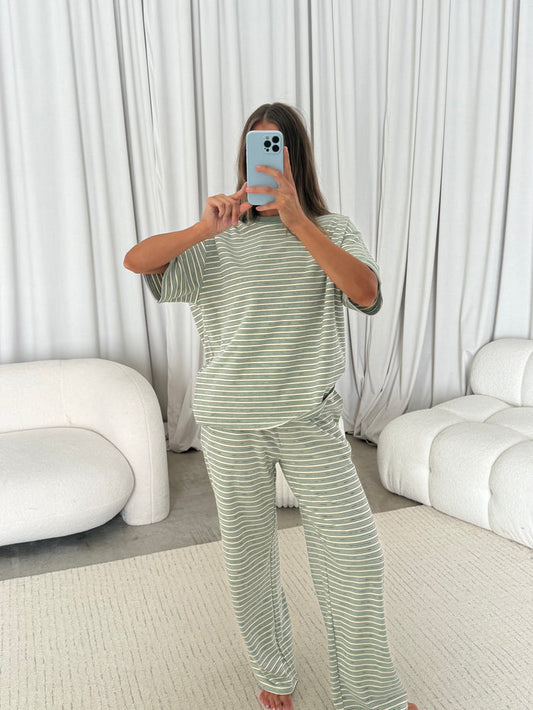 Naomi Striped Fleece Oversized Short Sleeve Top in Sage - Bump Friendly