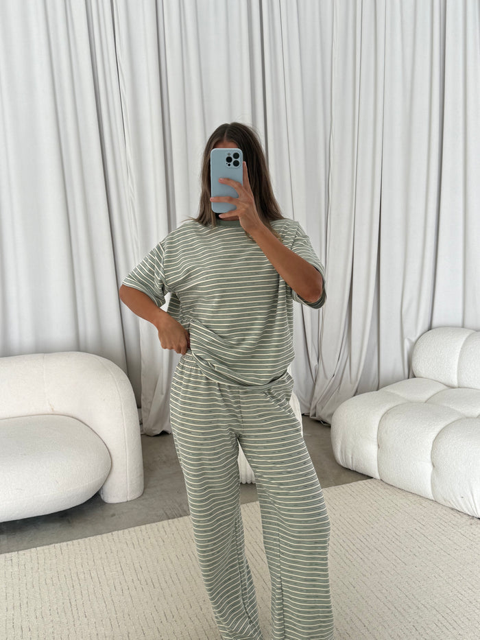 Naomi Striped Fleece Oversized Short Sleeve Top in Sage - Bump Friendly