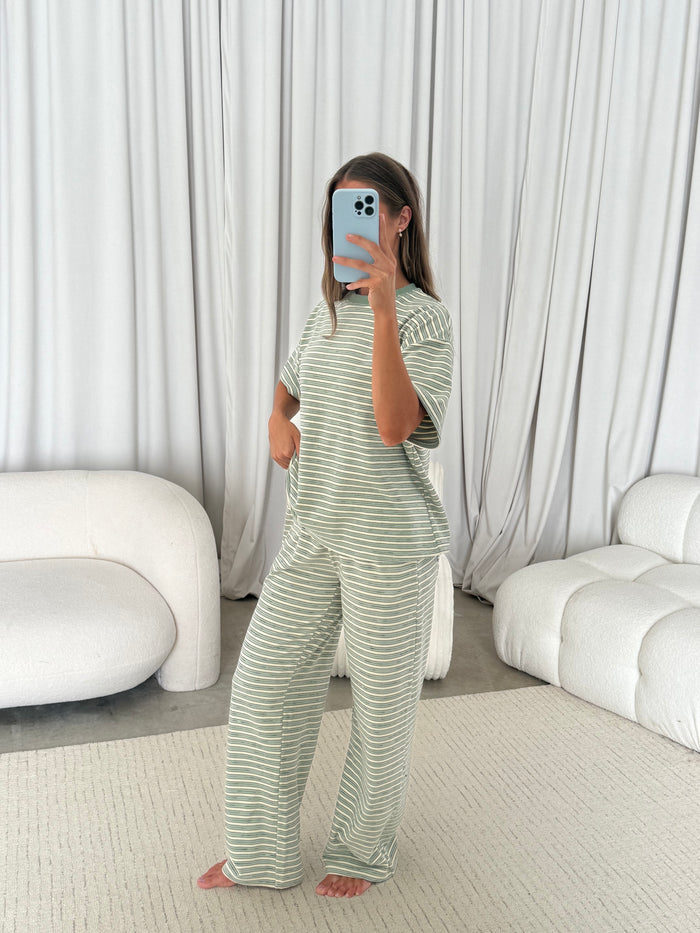 Naomi Striped Fleece Oversized Short Sleeve Top in Sage - Bump Friendly
