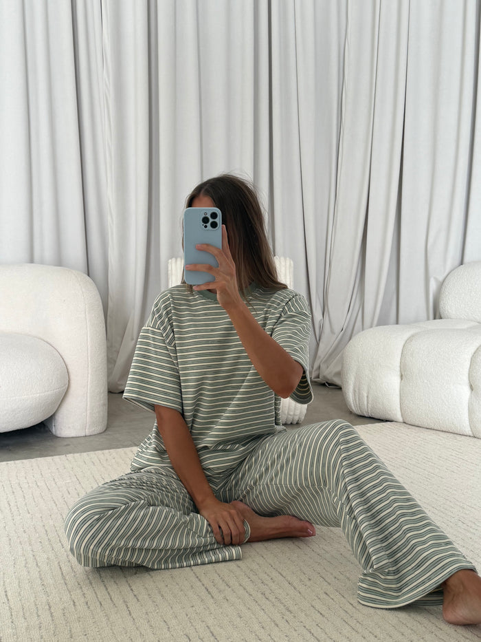 Naomi Striped Fleece Oversized Short Sleeve Top in Sage - Bump Friendly